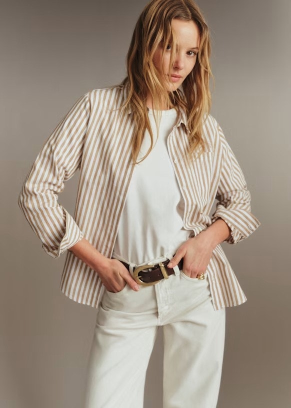 Sezane Tomboy Shirt Ecru Camel Stripes Button Up Long Sleeve Women's 44/Us 12